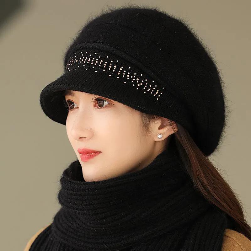 WTEMPO Cold-proof Windproof Warm Solid Color Ear Protection Elastic Hats Women's Autumn Winter Casual Verstaile Retro Elegant Hat + Scarf Set