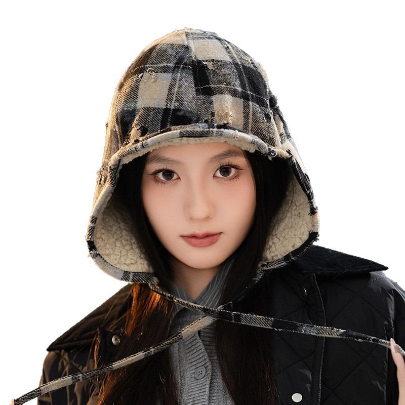 British plaid autumn and winter hat women's ear protection warm versatile head hat lamb wool fleece hat