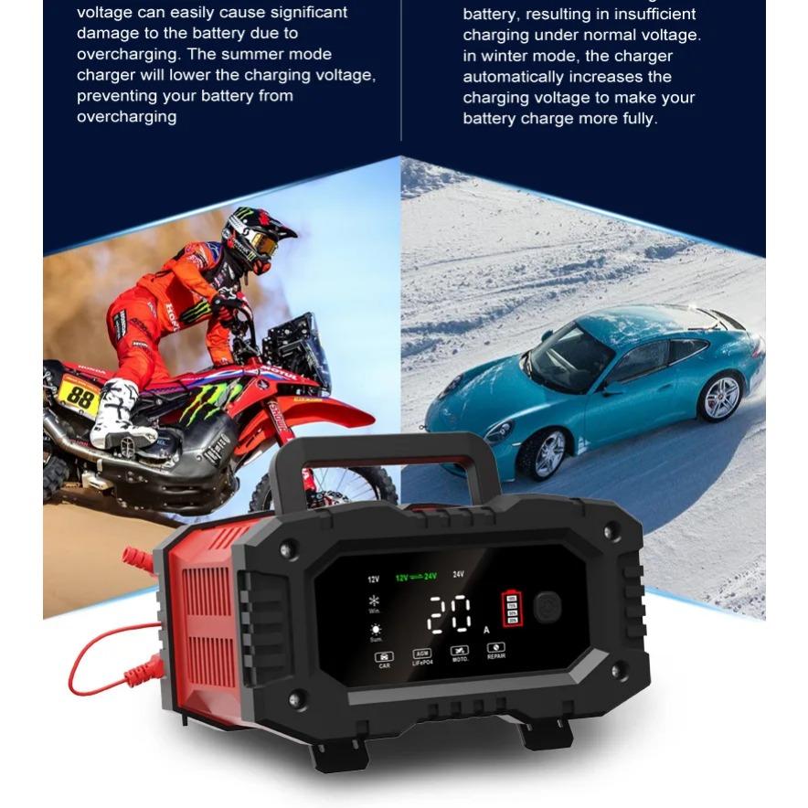 מטען מצברים אוטומטי מלא 12V/24V 20A/10A 7-סגמנטי חכם למצבר רכב תיקון פולסים לטעינת מצברי עופרת חומצית רטובים ג'ל AGM