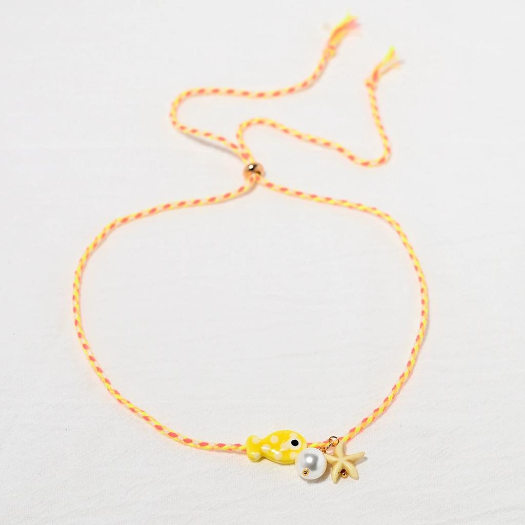 Colorful Bohemian Ceramic Fish Pendant Necklace for Women Adjustable Multicolored Rope Choker Jewelry for Summer Beach Vacation