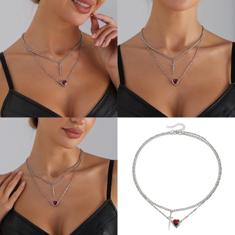 Edgy Dark Feminine Expression Adjustable Length Alloy Necklace Neckchain Featuring Edged Heart Detail for Concerts