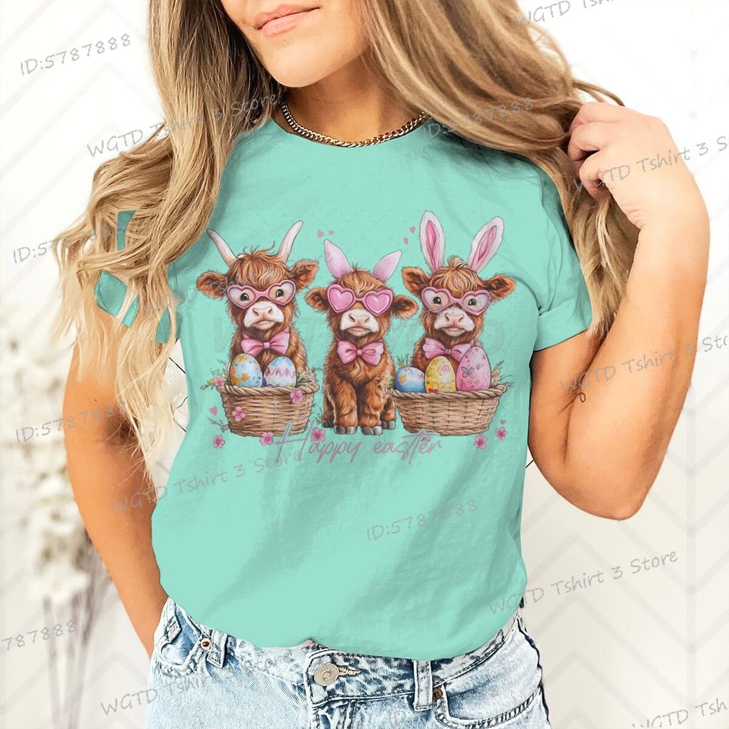 Happy Easter Day T-shirt Female Easter Cute Highland Cow Graphic T Shirts Women Cute Cow Gift for Women Retro Easter Vibes Shirt