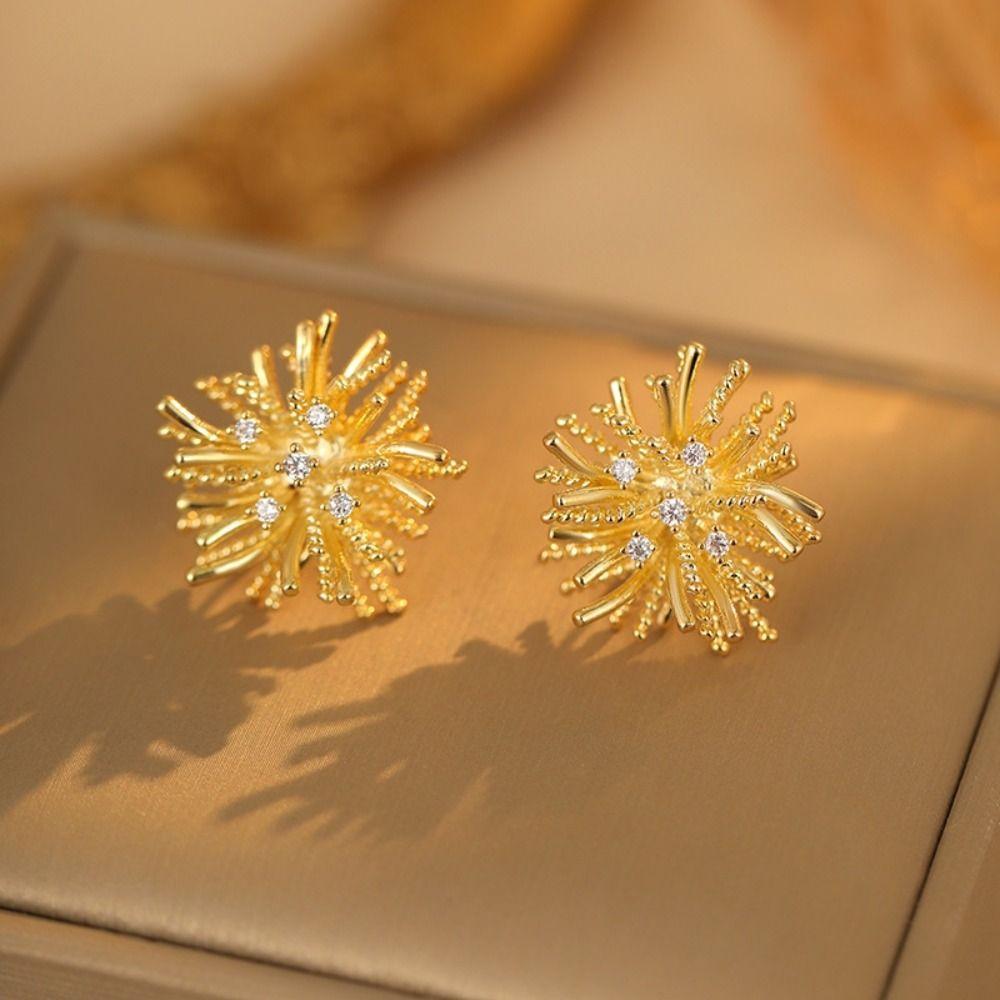 Exquisite Metal Stud Earrings Zircon Geometric Flower Earrings Fireworks Shape Earrings  Gift