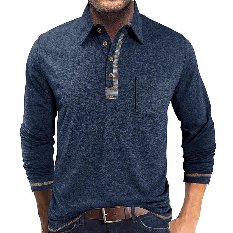 Spring Autumn Men's Business Casual Polos Long Sleeve Polo Shirt Patchwork Button-Down Collar Fashionable Bottom Pocket Tops