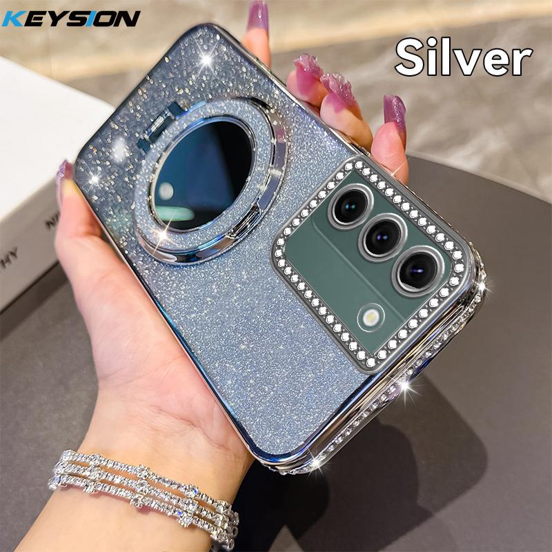 

KEYSION Glitter Jewelled Magnetic Phone Case for Samsung Galaxy S22 Ultra S21+ Plus S20 FE Makeup Mirror Stand Shockproof Cover for Galaxy S20 FE серебряный