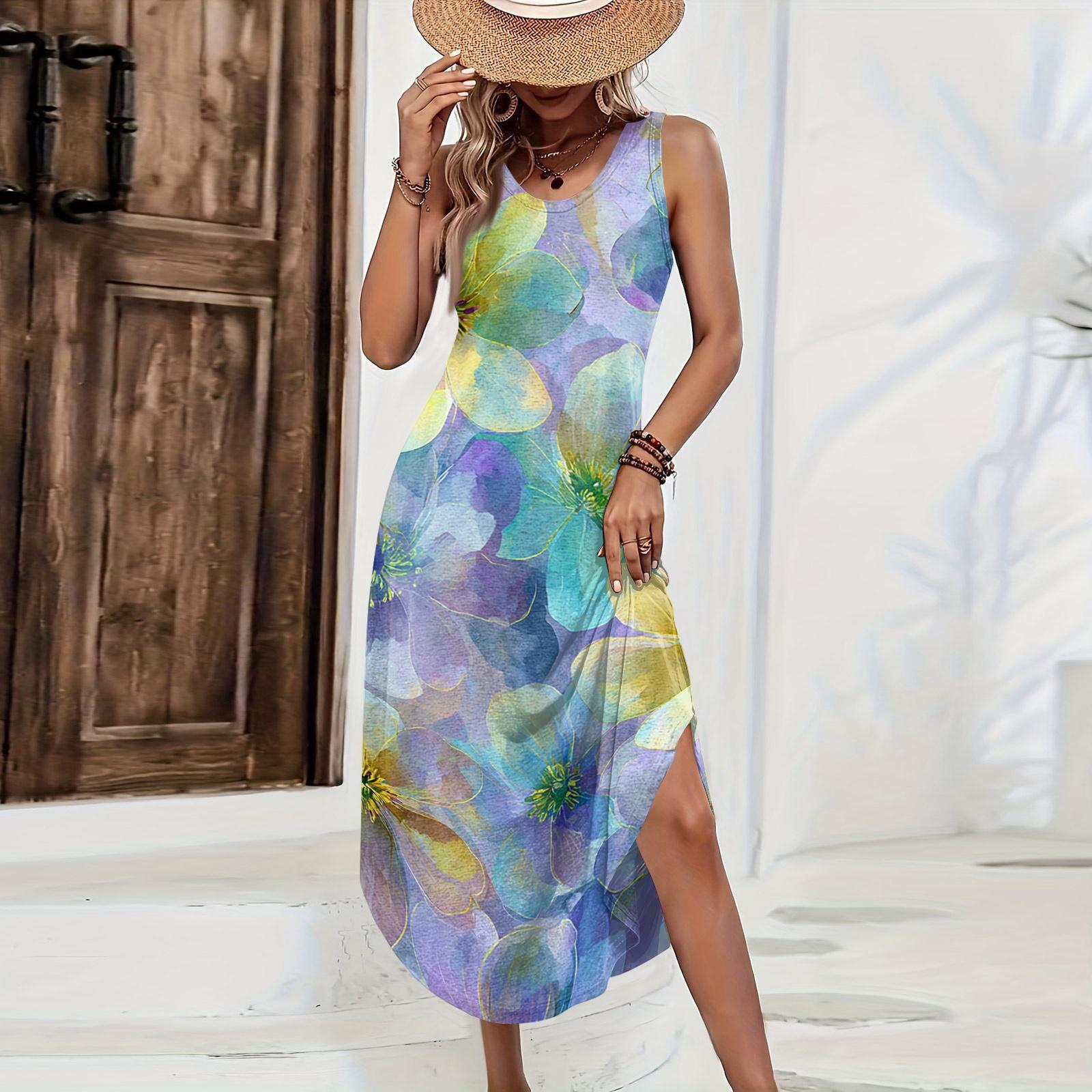 

Women Sleeveless Floral Print Maxi Dress Casual Loose Fit Long Summer Dress Side Slit Bohemian Style Sundress for Daily Wear XS жовтий