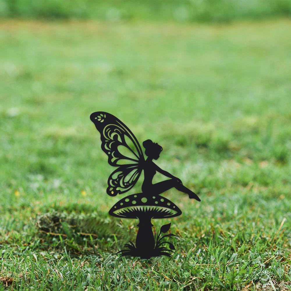 DDPNKL 1pc Art Deco Fairy on Mushroom Garden Stake, Metal Silhouette Decor, Floor Mount, Fairy Tale Theme, Flower Pot Decoration