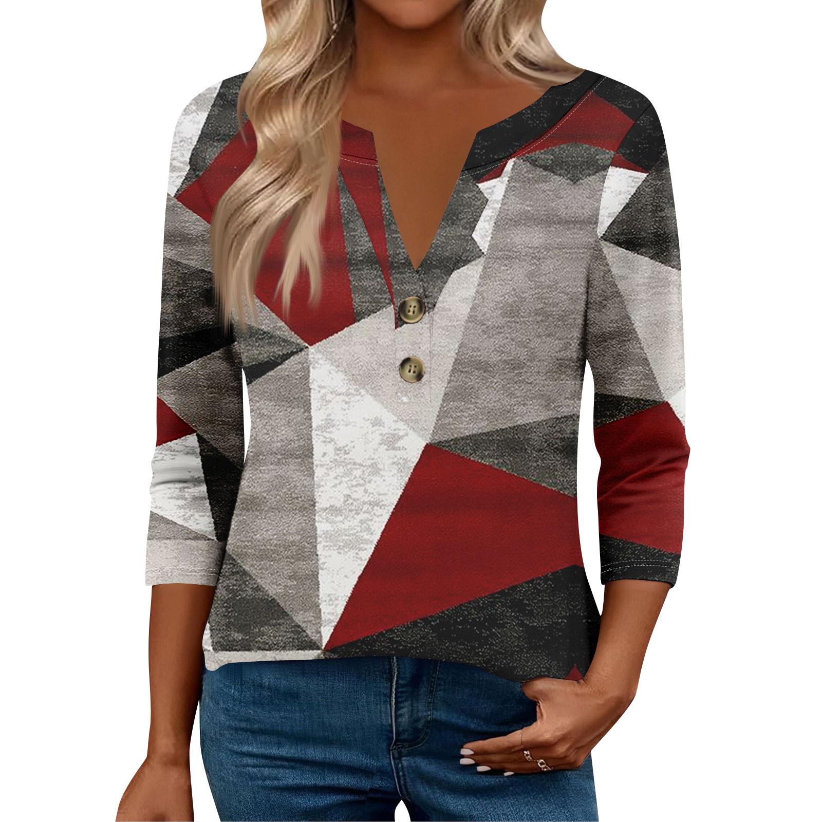 

Женские топы с рукавом 3/4 для женщин, топы хенли на пуговицах с V-образным вырезом, нарядные летние женские топы свободного кроя XL винный