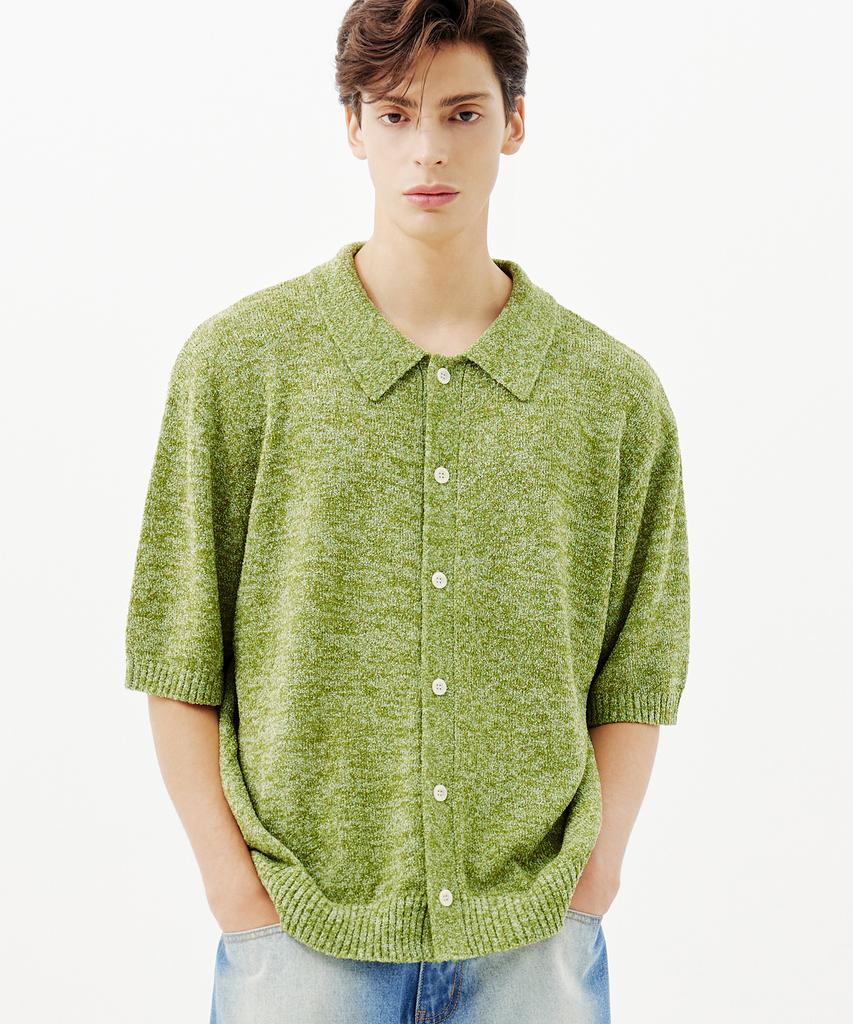 TRILLION Washable Boucle Collar Short Sleeve Knit (Melange Green)