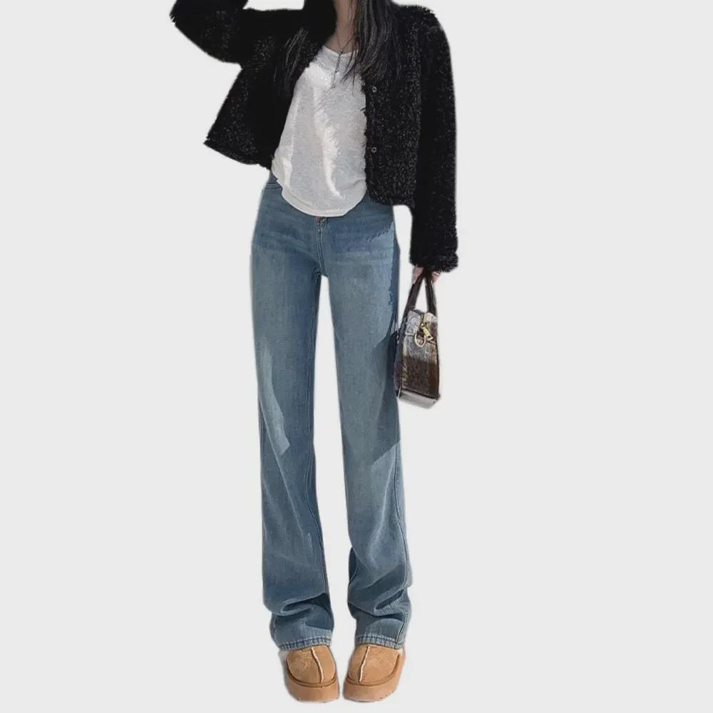 Women's High-Waist Wide-Leg Jeans with Velvet Lining - Autumn/Winter Slim Fit, Thick, and Warm Straight Trousers