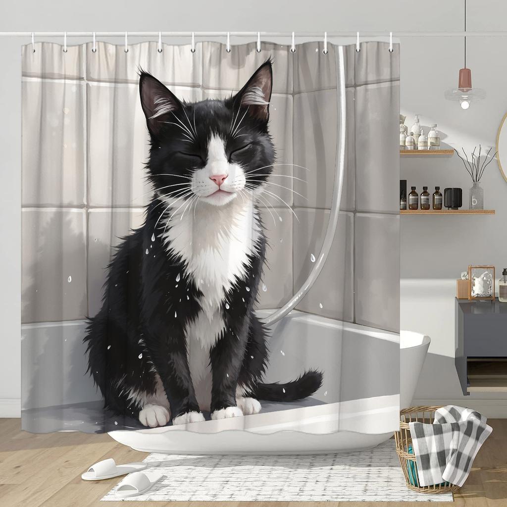 1pc Whimsical Black & White Cat Shower Curtain - Water Droplets, Monochrome Style, Durable Polyester, 12 Hooks, Easy Care