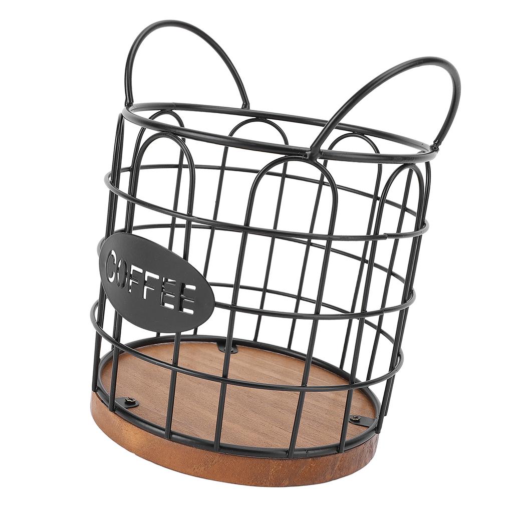 Coffee Pod Holder Iron Wire Weighte Wooden Base Coffee Capsule Storage Basket for Kitchen