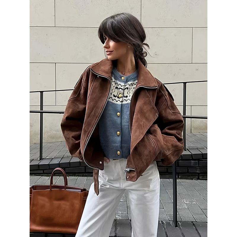 Yamano Tour Brown Beauty Style Retro Maillard Cool Style Lapel Suede Motorcycle Clothing Jacket Loose Short coat