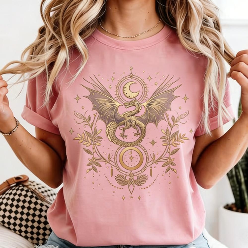 Celestial Dragon Moon Phase T-Shirt Witchy Boho Floral Tee Gothic Style Women Fashion Casual Tshirt Retro Design Printed Tops