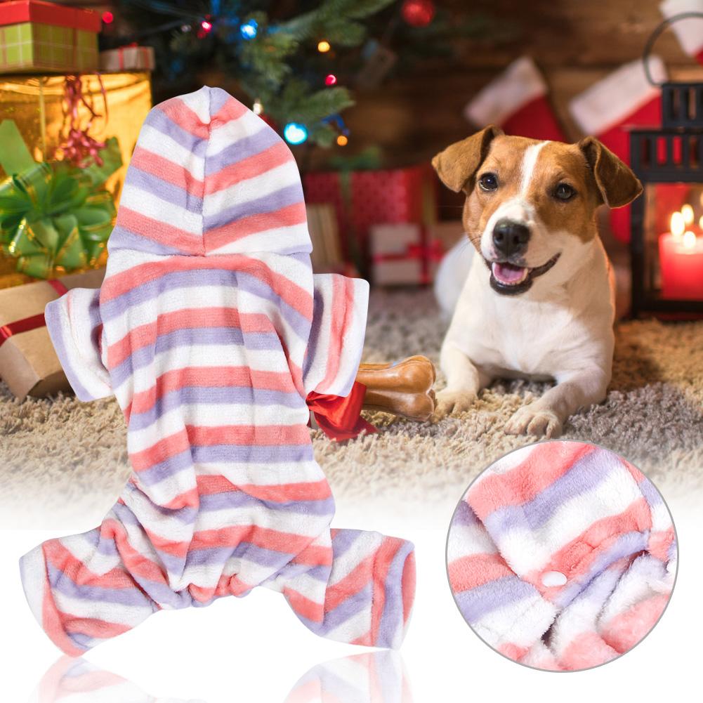 Pet Dog Cat Coral Fleece Cute Clothes Nightclothes Keep Warm Hooded Design for Autumn and Winter Stripe Pattern