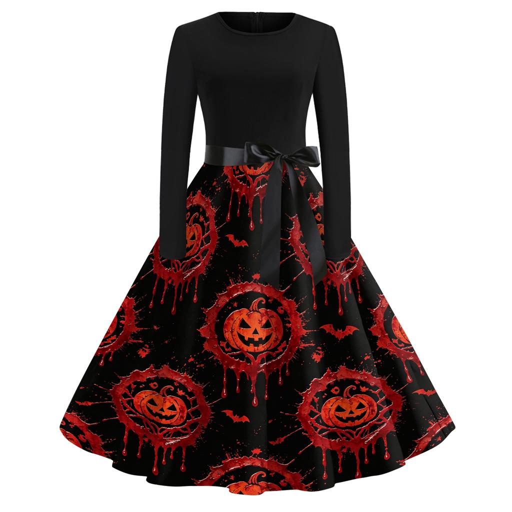 Women's Retro Halloween Print Long Sleeve Neck Casual Dress for Fall Party