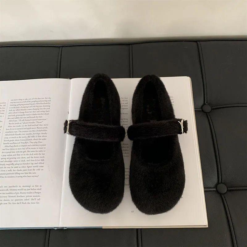 Women's Korean Style Furry Mary Jane Moccasins - Velvet-Lined Flats for Autumn and Winter