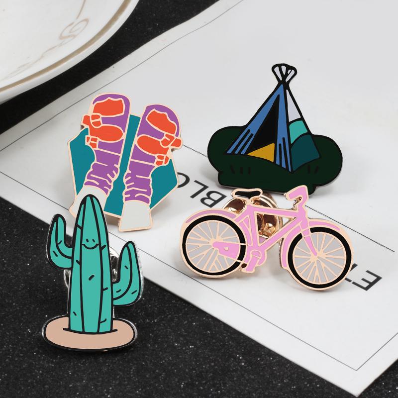 Cartoon Bicycle Cactus Tent Brooches Fashion Creative Travel Enamel Pin Child Backpack Badge Men Women Souvenir Brooch Jewelry