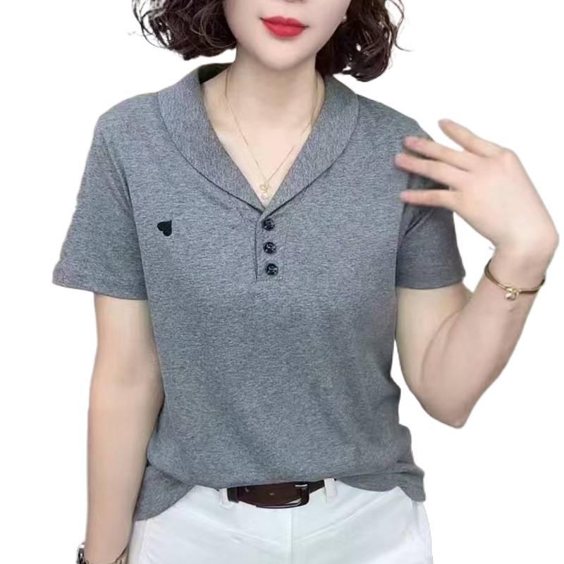 2026 Summer Women's Pure Cotton Short Sleeve Lapel T-shirt for Middle-Aged and Young Mothers - Casual, Loose Fit, Versatile Top