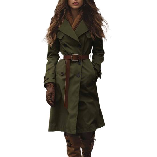 Женский тренч двубортный с лацканами с вырезом, классическое осеннее пальто, приталенного кроя, миди длины, с длинными рукавами, бушлат