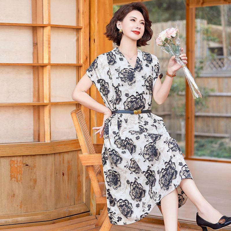 

2026 Summer Floral Wide-Leg Dress for Moms & Elderly: Waist-Cinching Style XL (suggested 80-115 jin) бежевый