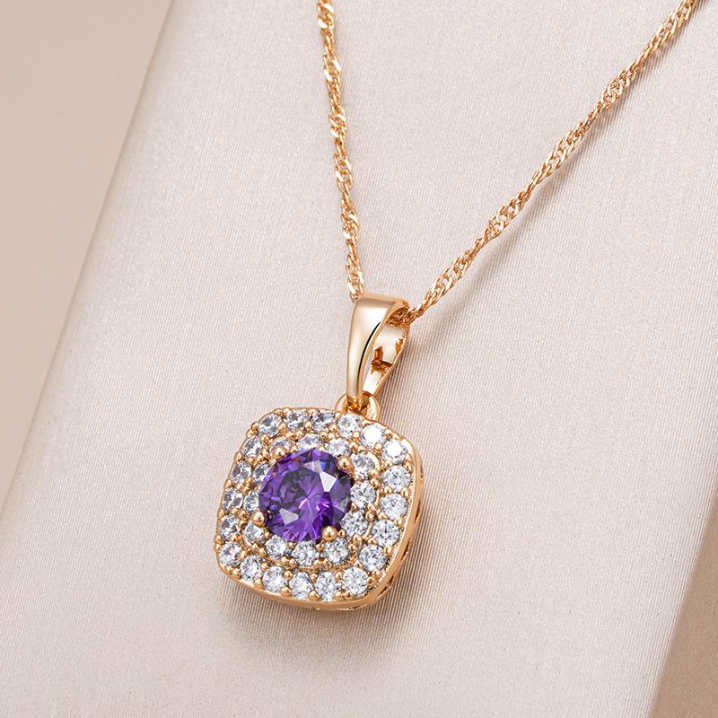Shiny Purple Natural Zircon Square Pendant Necklace For Women  Rose Gold Color Crystal Pendant Vintage Jewelry