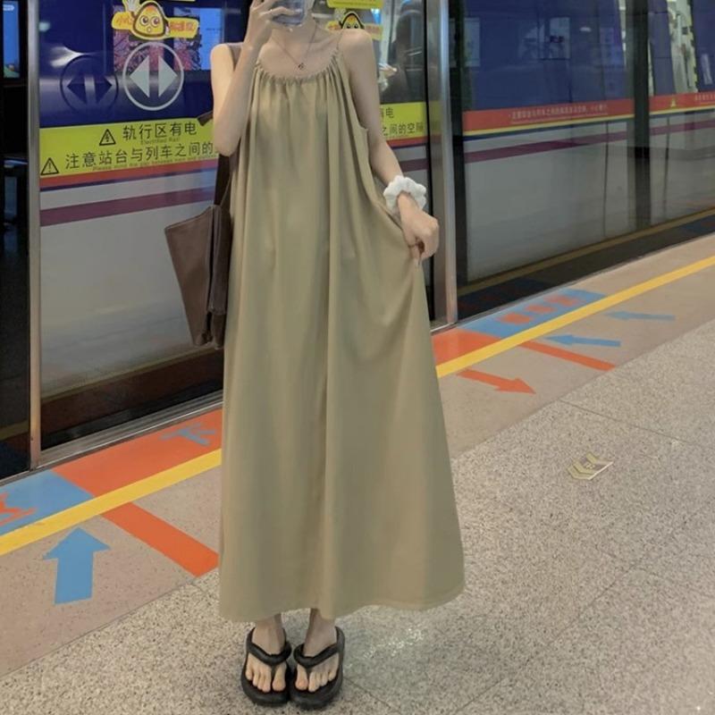 Vestido halter sin mangas para mujer, estilo veraniego, estilo playero, largo, con tirantes finos.