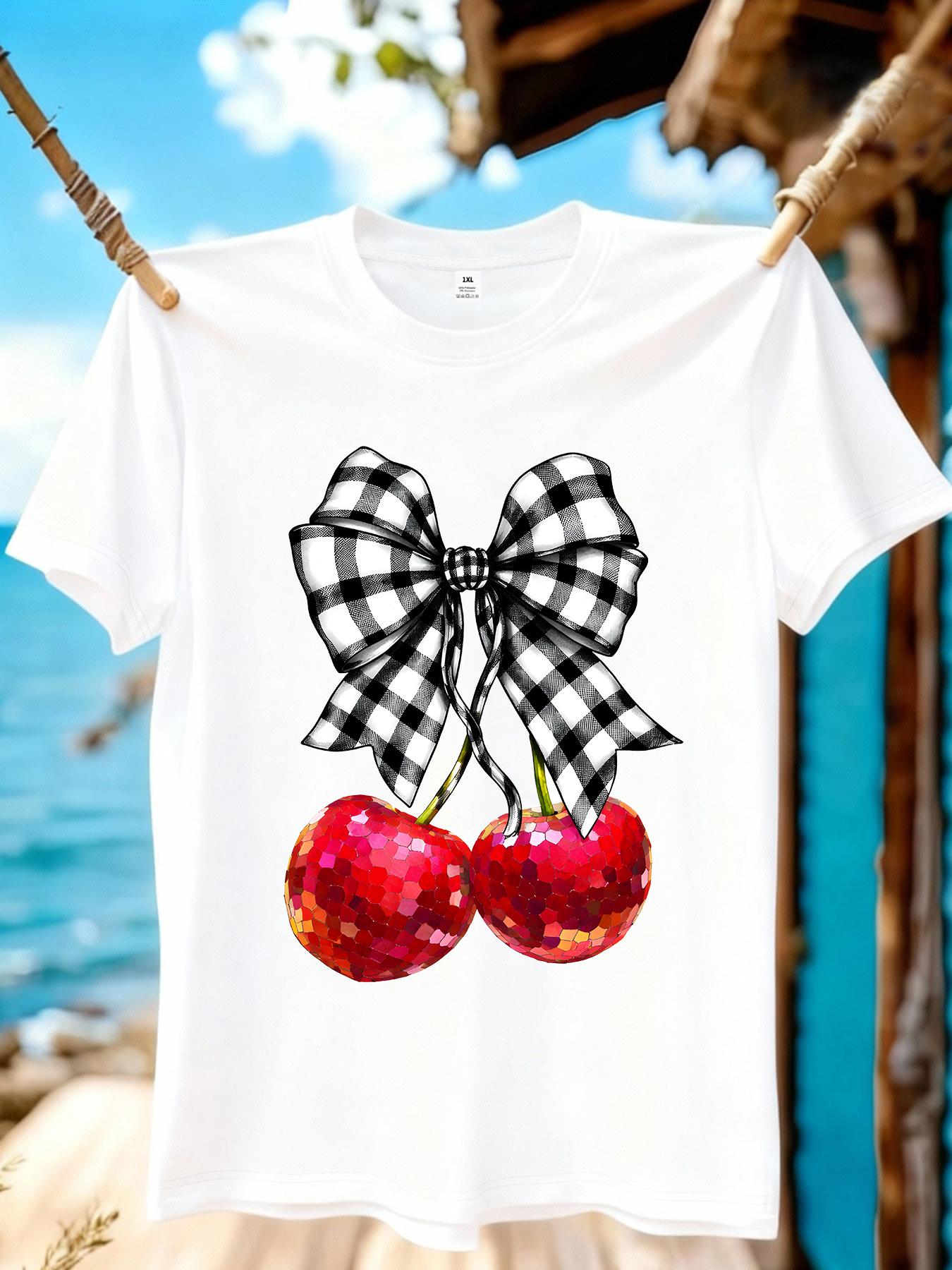 Cherry print plus size women s round neck summer casual short sleeved street fashion versatile T-shirt XL белый