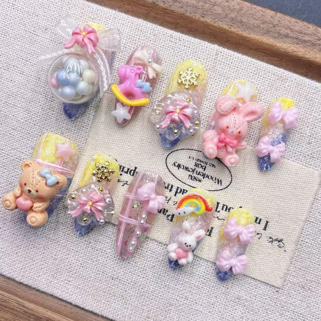 Square Press on Nails Almond Fake Nails French Tip False Nails with 3D Design Full Cover Acrylic Glue on Nails Artificial Stick on Nails for Women