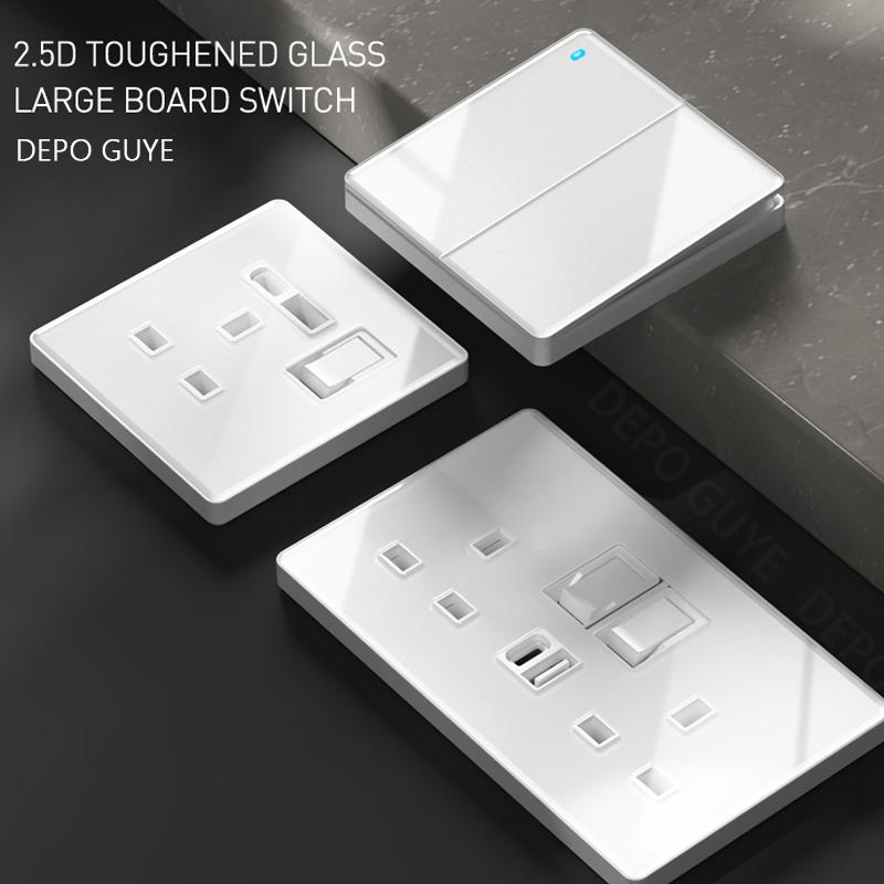 UK Standard Wall LED 2Way Light Switch Power Socket,18W Quick Charging Universal Dual 3pin Plug Type-C USB Glass Socket Outlet