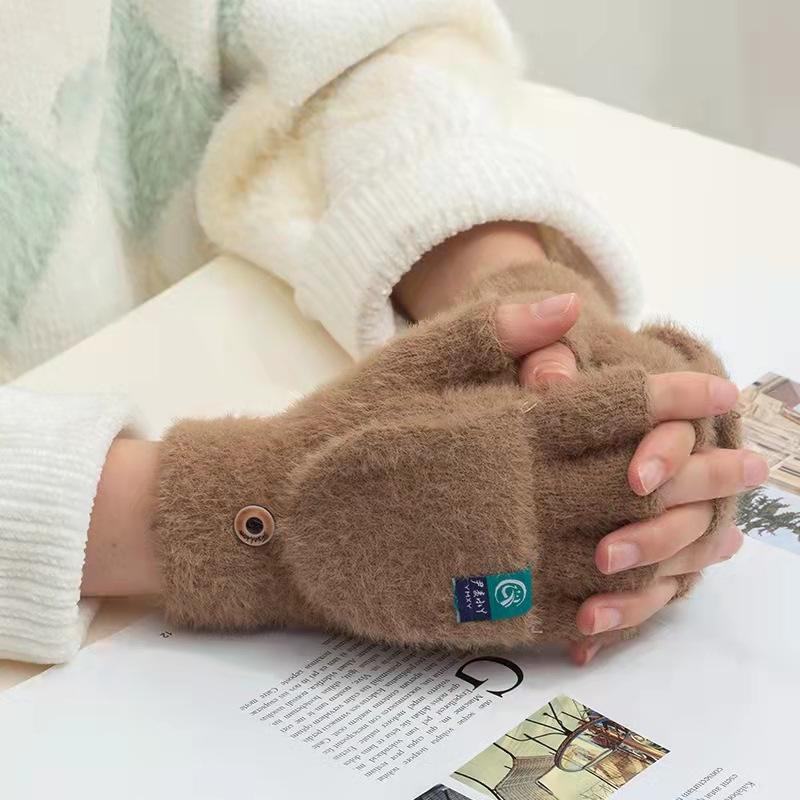 New Half-finger Covered Plush Gloves, Autumn and Winter Flip Knitted Warm Thickened Bag Cover, Leaking Finger Imitation Mink