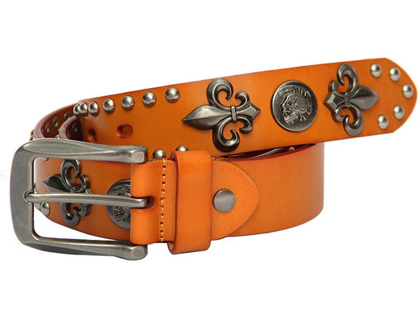 Męski pasek ze skóry bydlęcej w stylu punk z nitami w kształcie czaszek