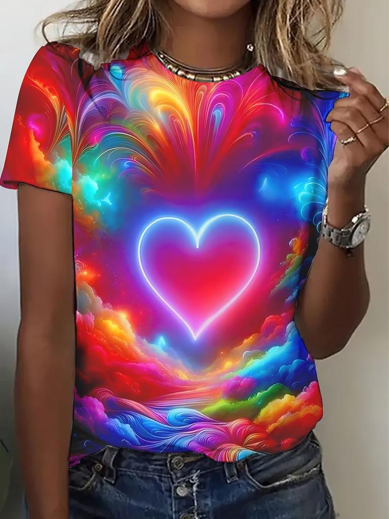 Women's Neon Glow-in-the-Dark 3D Printed T-Shirt - Rainbow Multicolor Heart and Cloud Design