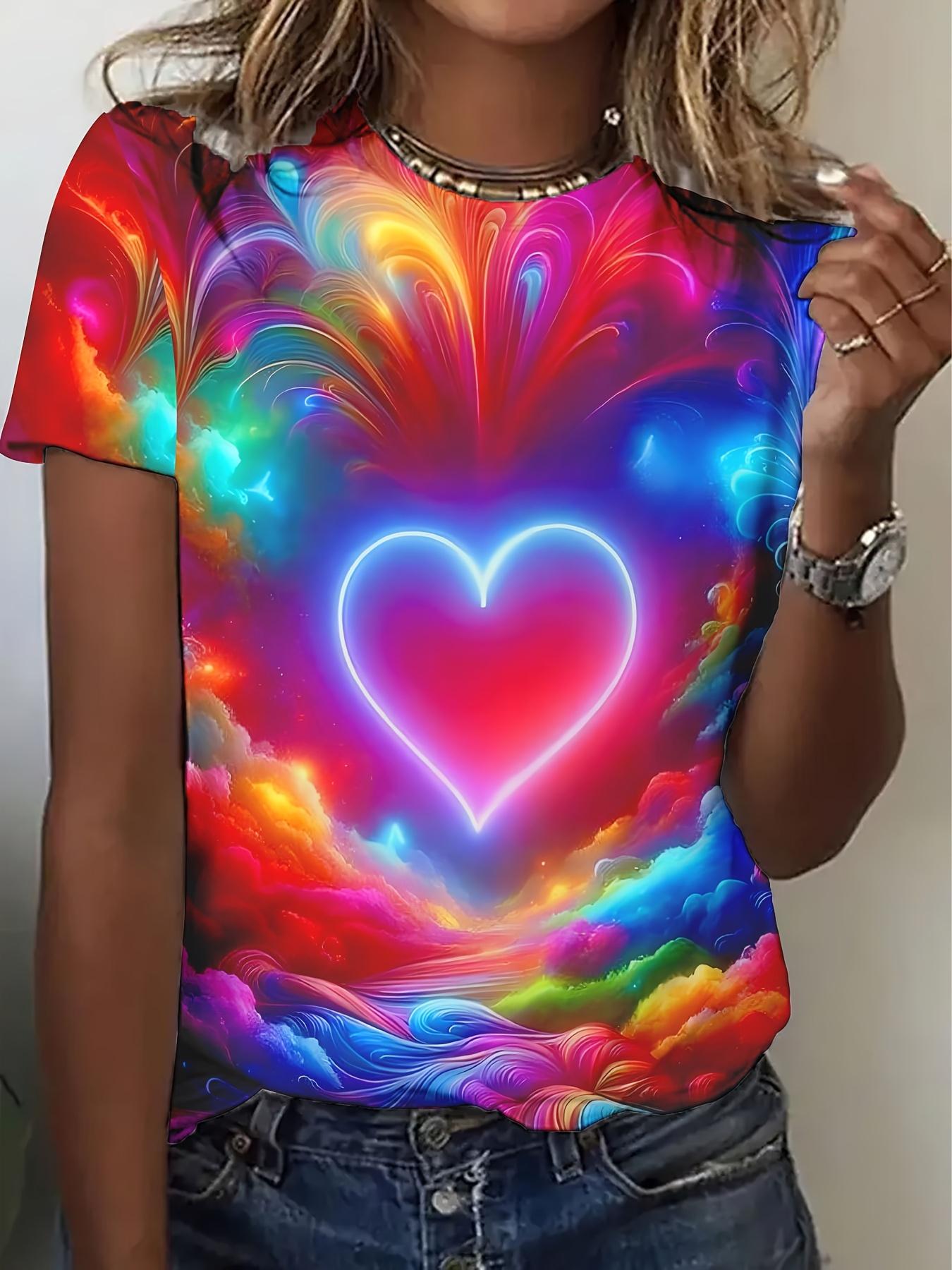 

Women s Neon Glow-in-the-Dark 3D Printed T-Shirt - Rainbow Multicolor Heart and Cloud Design 5XL