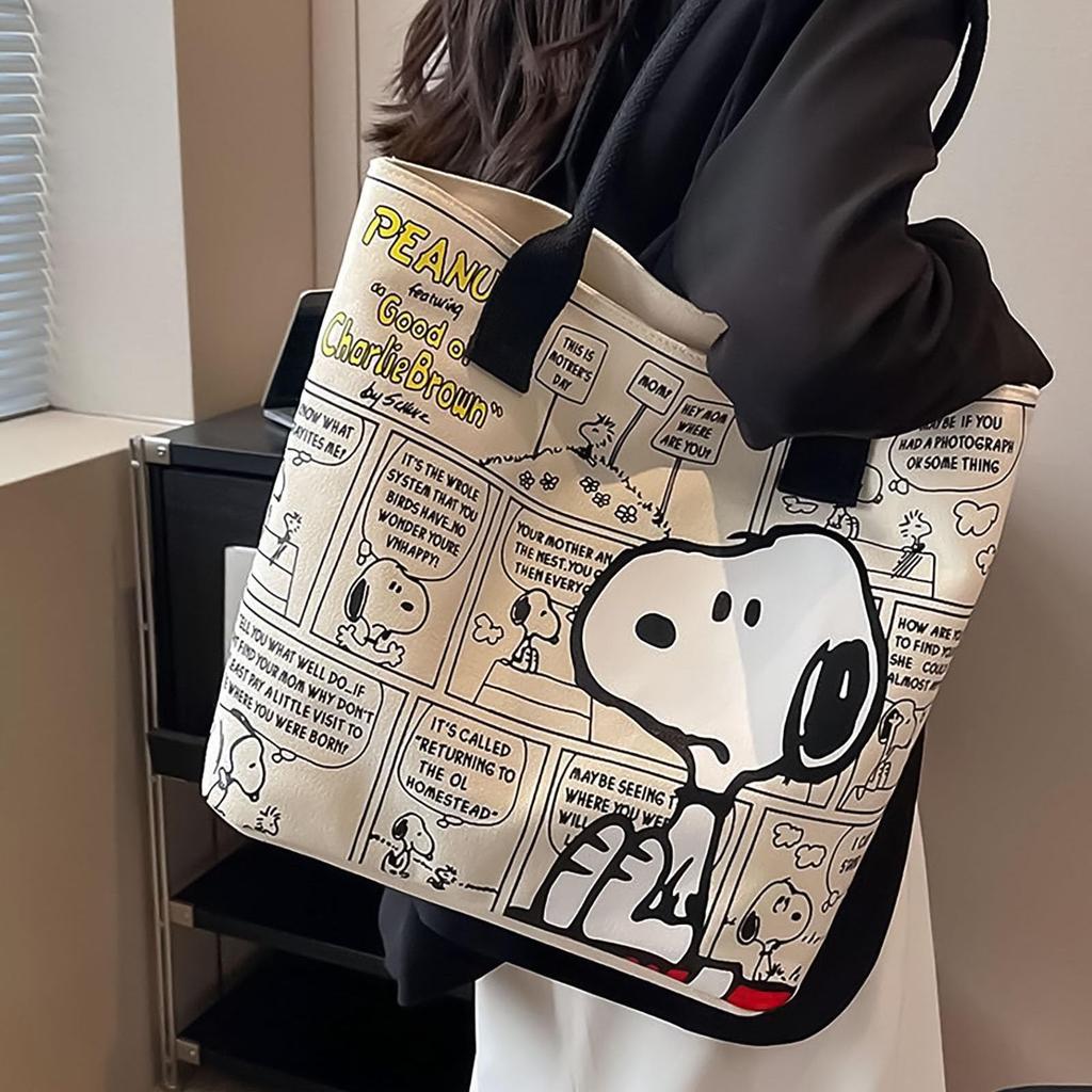 [hgTUP] Snoopy Tote Bag, Canvas Tote Bag, Large Capacity, Snoopy Shoulder Bag, Canvas Tote Bag with Zipper and Interior Pocket, Eco Bag, Meeting Bag,