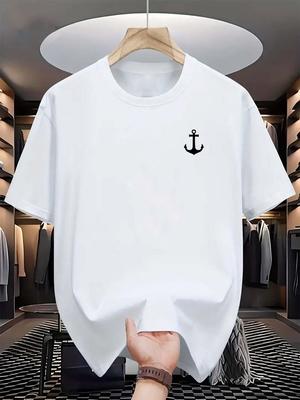 Men's Summer Cotton Fashion Casual Loose Classic Anchor Pattern Print Sports Round Neck Casual Trend T-shirt