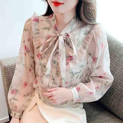 Fashion New 2024 Autumn Long Sleeve Bow Collar Casual Ruffles Print Chiffon Blouse Shirt Women Tops Blouses Shirts J538