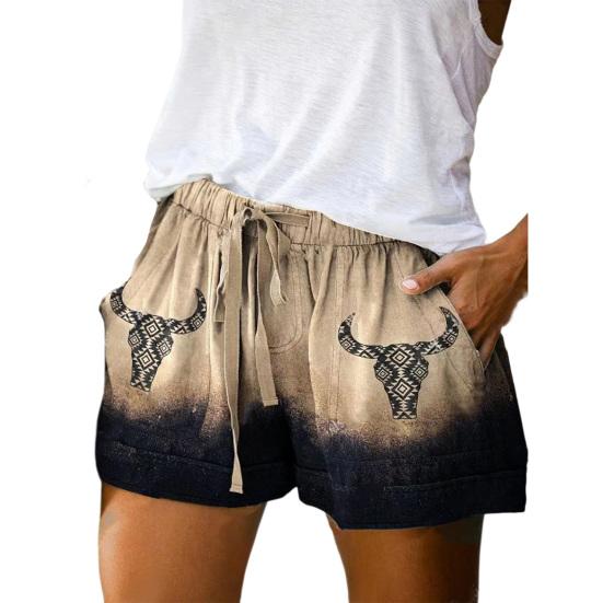 

High Waist Elastic Waistband Wide Leg Pockets Women Shorts Retro Print Drawstring Loose Shorts Streetwear XL кофейный