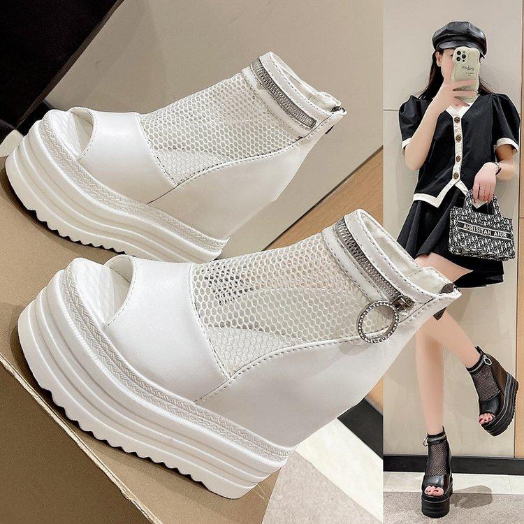 Fashion Korean Style Fashion Fish Mouth Back Zipper Thick Sole Fashion Casual Large Size Women's Mesh Roman Sandals