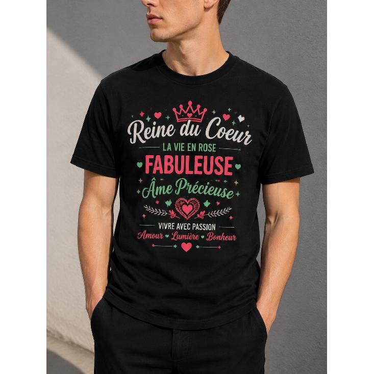 Men's Black Short-sleeve Crew Neck T-shirt with Romantic French Graphic Print Featuring Crown Hearts and Inspirational Phrases for Casual Daily Wear
