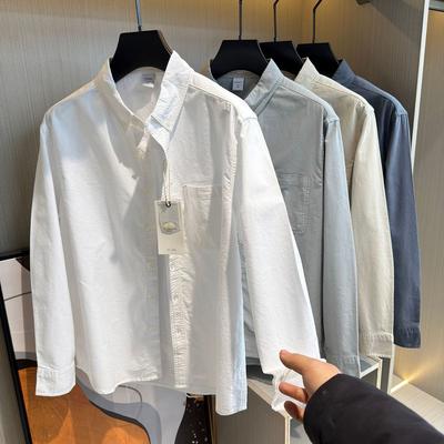 High-Quality Goods~Japanese-Style Workwear Oxford Long-Sleeve Shirt for Men, Versatile Casual Turn-Down Collar Solid Color Casual Shirt