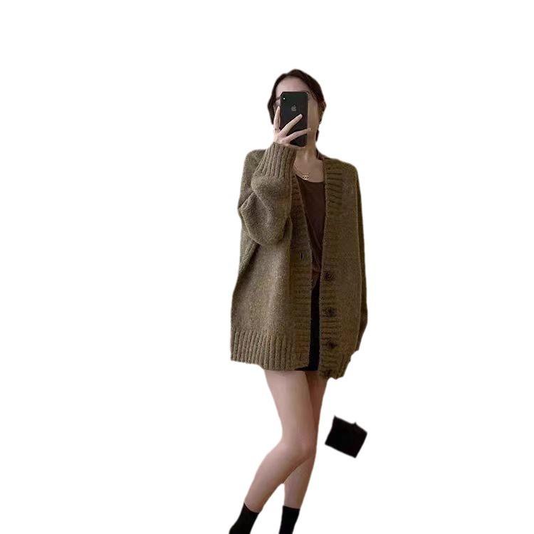 Hong Kong Flavor Lazy Wind Knitted Cardigan Autumn and Winter New Medium and Long Loose Soft Waxy Women's Sweater Jacket Women