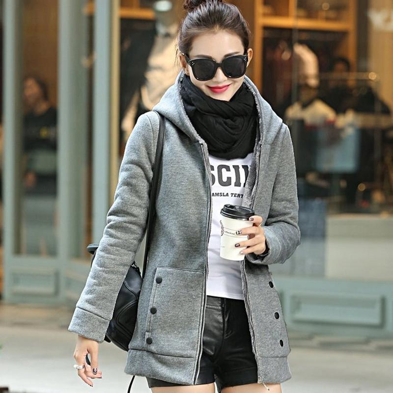 Women's Fleece Lined Hooded Jacket Thickened Autumn Winter Mid Length Coat Inner Fur Versatile Cardigan
