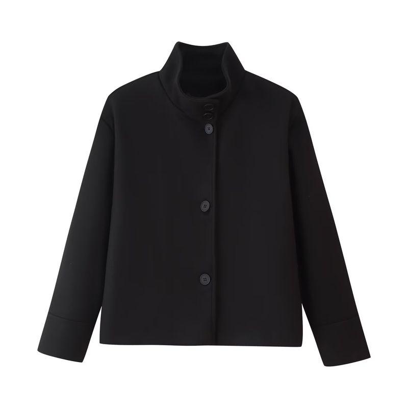 Kaslead New Women clothes Western Style Fashion Simple Stand Collar Breasted Short Loose Woolen Outerwear