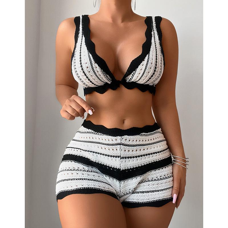 

Striped Casual Beach Bikini Shorts Set for European & American Fashion Women Small