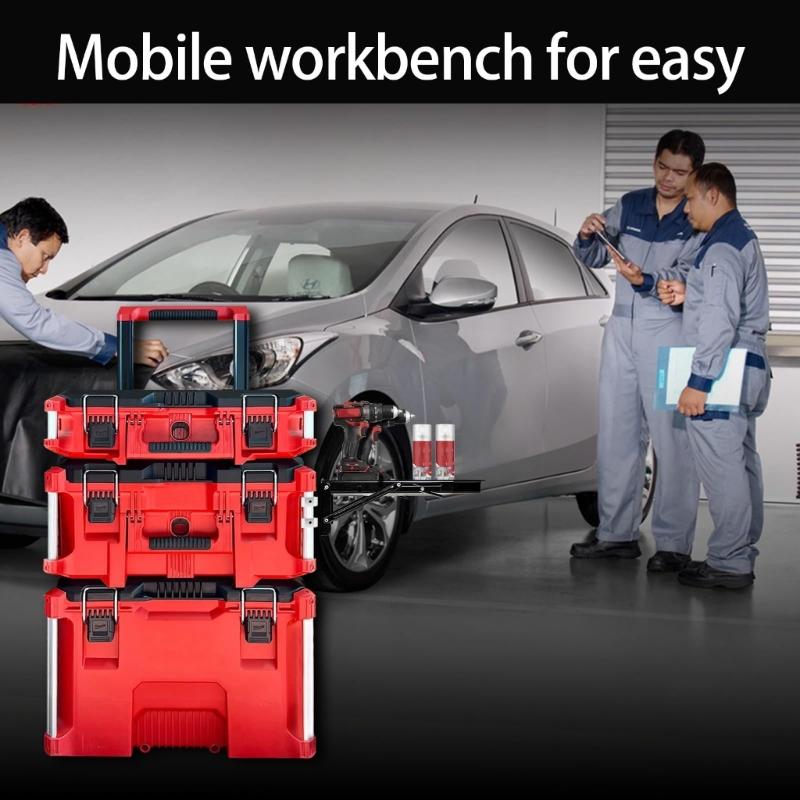 Skládací pracovní plocha s magnetickým úložištěm nářadí, navržená pro rychlou montáž systému, bez nutnosti vrtání