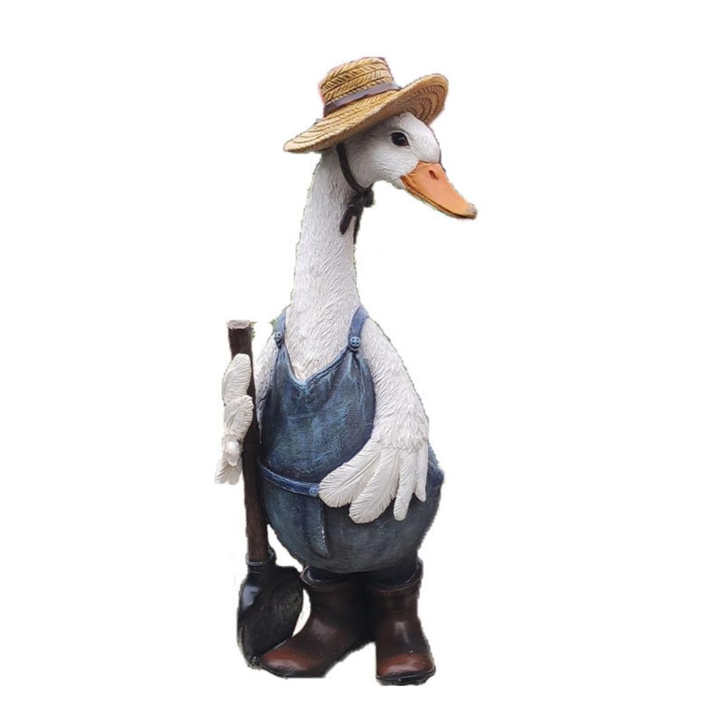 Outdoor Garden Decor Duck Statue Wearing Overalls and Straw Hat Standing with Shovel Lawn Ornament for Patio Yard Decoration