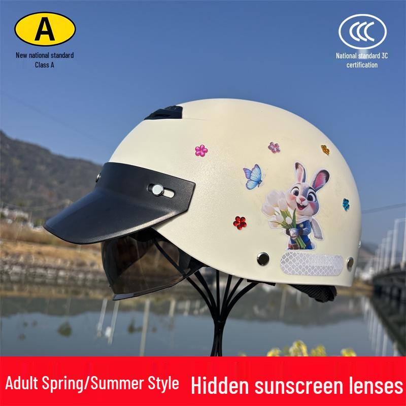 Certified Lightweight Adult Helmet with Hidden Brim - Four Seasons Breathable Cartoon Design for Electric Vehicles Adult Summer Helmet + Judy Gem Stickers