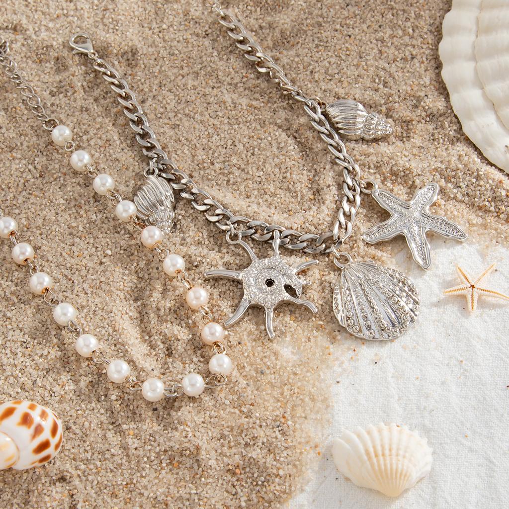 European and American beach resort style starfish scallop shell anklet simple ins imitation pearl chain rice beads foot accessories for women