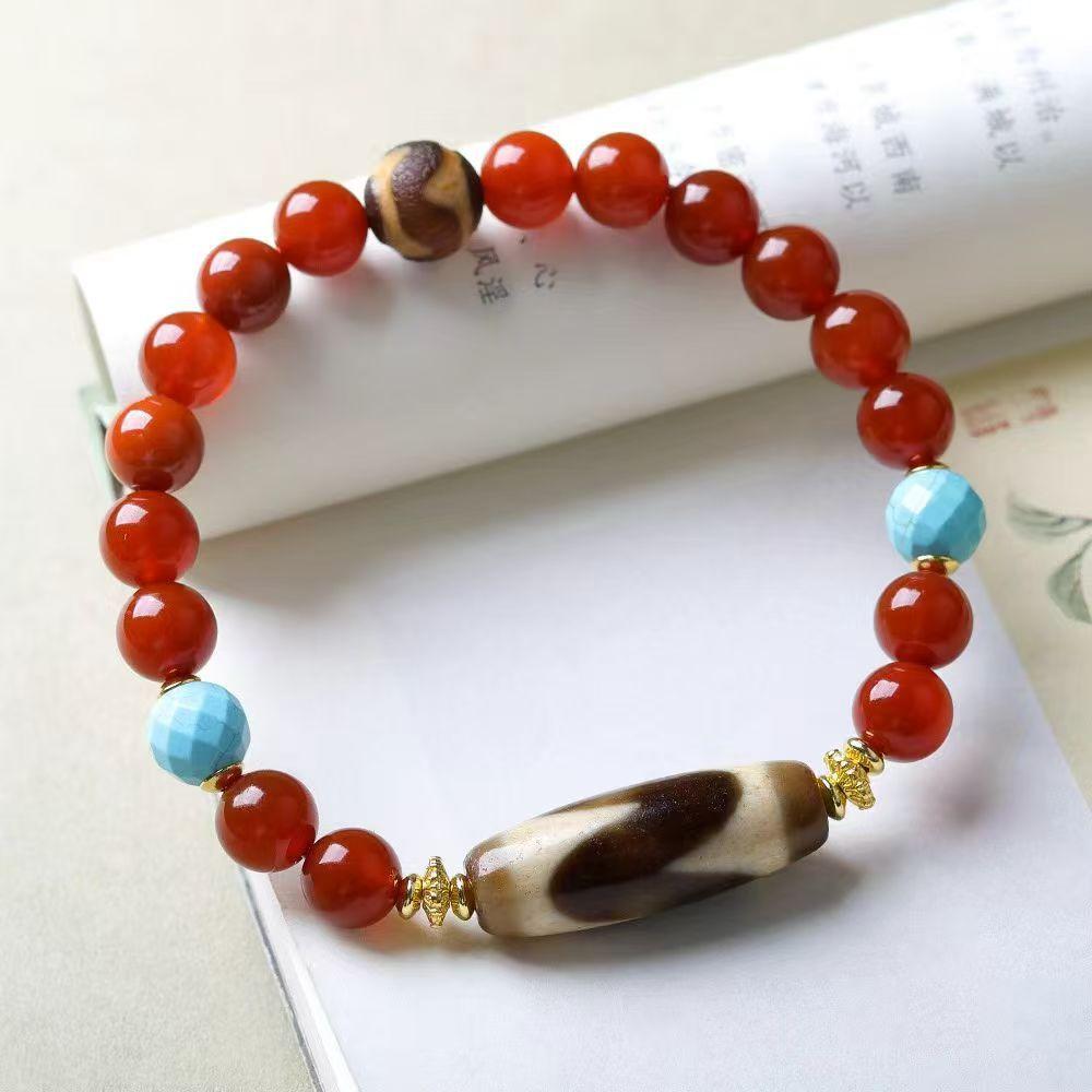 Synthetic Southern Red Agate Dzi Bead Bracelet, Red, Enhances Skin Tone and Elegance, New Chinese Ethnic Style Hand Jewelry for Women